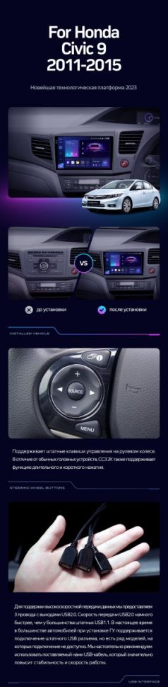 Штатная магнитола Teyes CC3 4/32 Honda Civic 9 FB FK FD (2011-2015) Правый руль